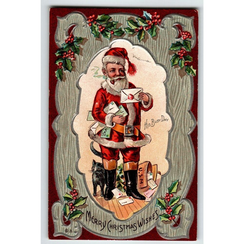Christmas Postcard Santa Claus With Letters Pipe Black Cat Saint Nick Embossed